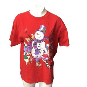 Vintage Christmas Red Snowman Graphic Women's Tee size L